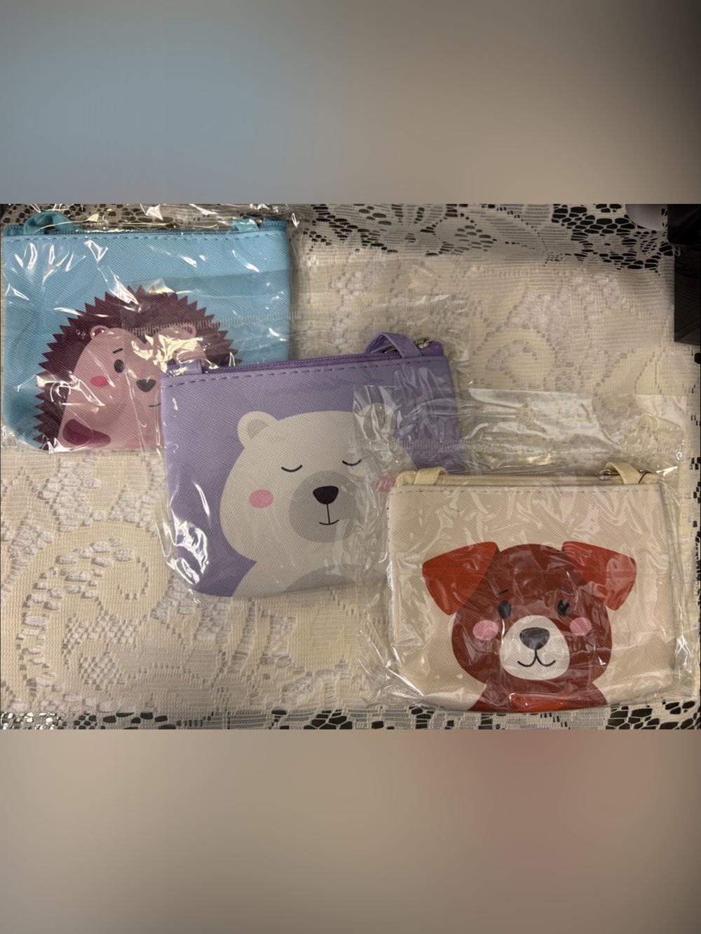 Kids Animal Zip Wallet - Purple Bear, Blue Hedgehog, Cream Puppy